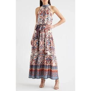 Julia Jordan Maxi Tiered Dress Size 16 Ivory Multicolor Belted Sleeveless